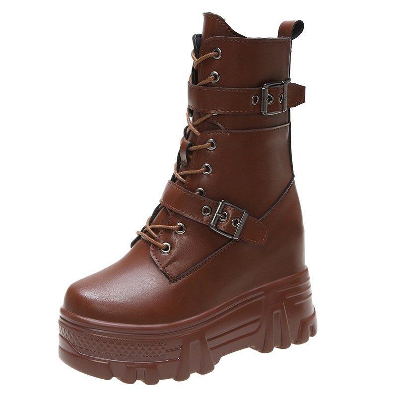 

Autumn Leather Women Ankle Boots Classic Gothic High Platform Chunky Shoes Winter Motorcycle Boots Warm Plush Sneakers 35(Foot 22.5cm) коричневий