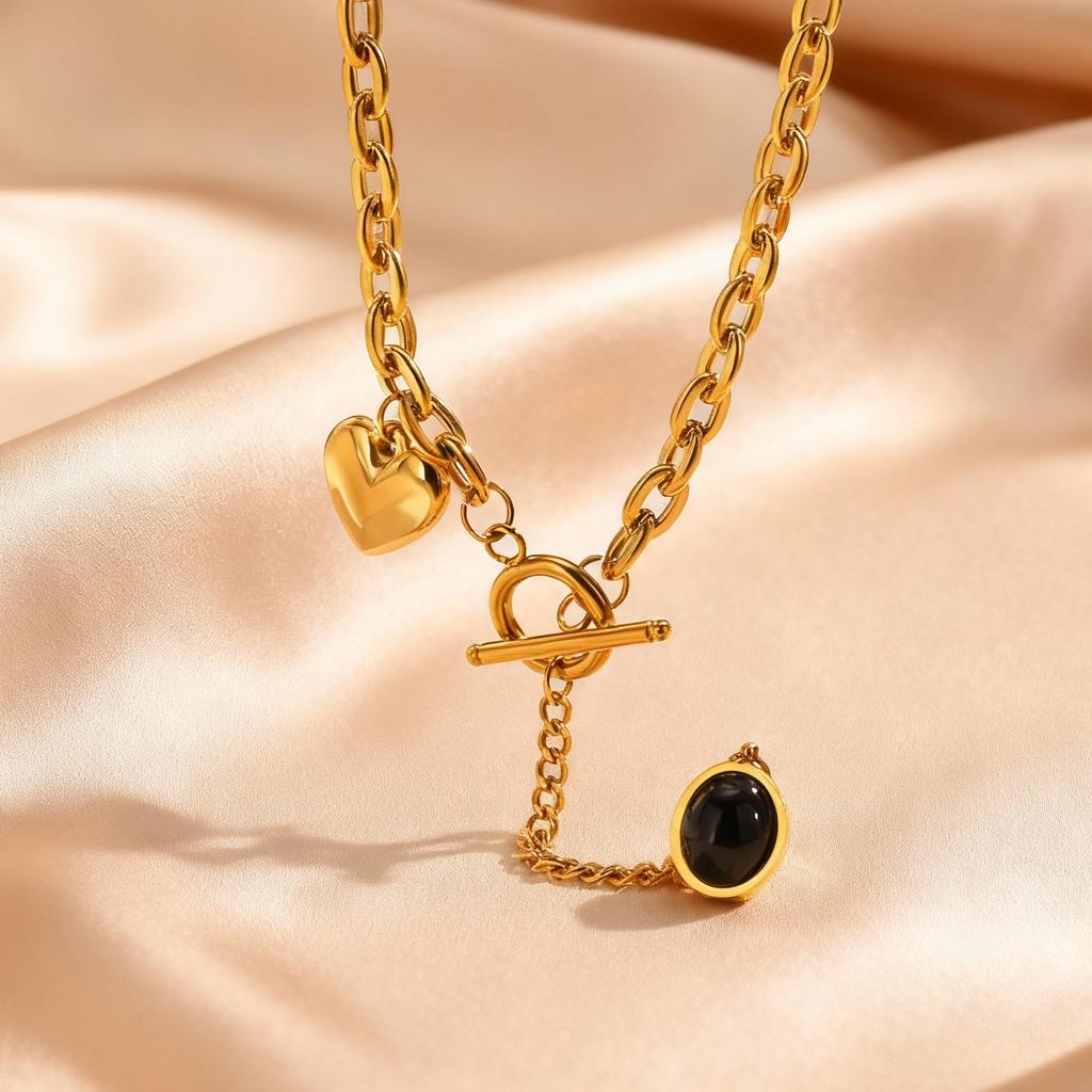 Personality Design OT Buckle Y-shaped Long Necklace for Women, Stainless Steel Heart Oval Pendant, Fashion Party Jewelry