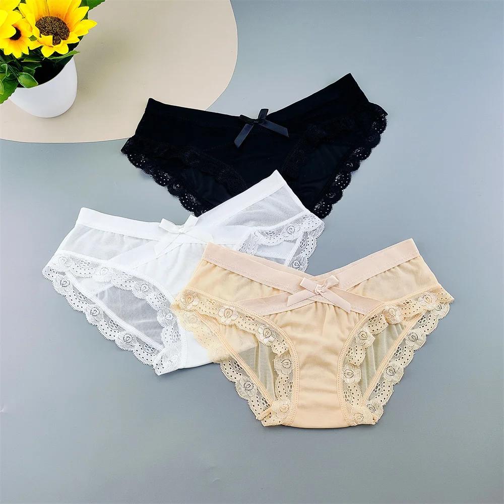 3PC Low Rise Lace Ruffles Women's Mesh Underwear Sweet Ladies Perspective Sexy Briefs Comfortable Panties
