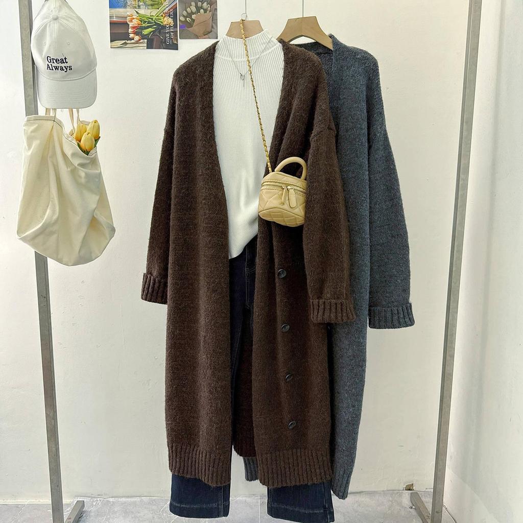 Women's Mid-Length Wool V-Neck Cardigan - Korean Style, 2026 Spring/Winter Collection