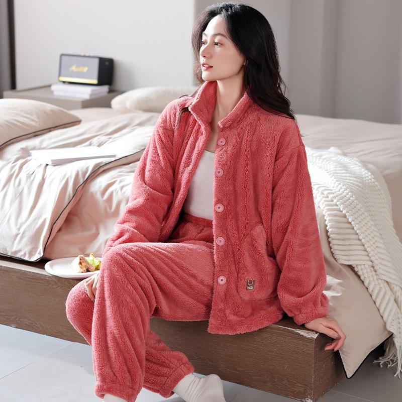 Pajamas Women'S Winter Fleece Thickened Coral Fleece Winter Flannel Autumn And Winter Loungewear Can Be Worn Outside Warm Suit