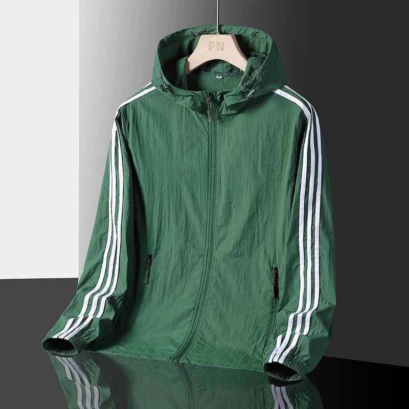 Three Stripes Men's Summer Sun Protection Hooded Jacket - Lightweight, Breathable, Ideal for Outdoor Sports & Fishing