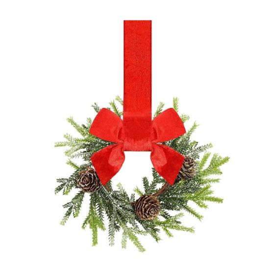 Mini vánoční věnec s červenou sametovou mašlí Dekorace na dvířka skříňky pro kuchyňské okno Selský dům Vchodové dveře Zeď Krb Bobulová girlanda
