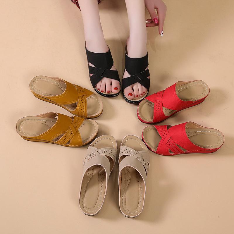 Summer Women Wedges SandalsOpen Toe Sandals Vintage Anti-slip Leather Casual Female Platform Retro Slippers Size 35-43
