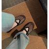Sheepskin Version~ Leather Hollow Mesh Sandals Women's One-word Buckle with Round Head Flat Bottom Shallow Mouth Mary Jane Single Shoes