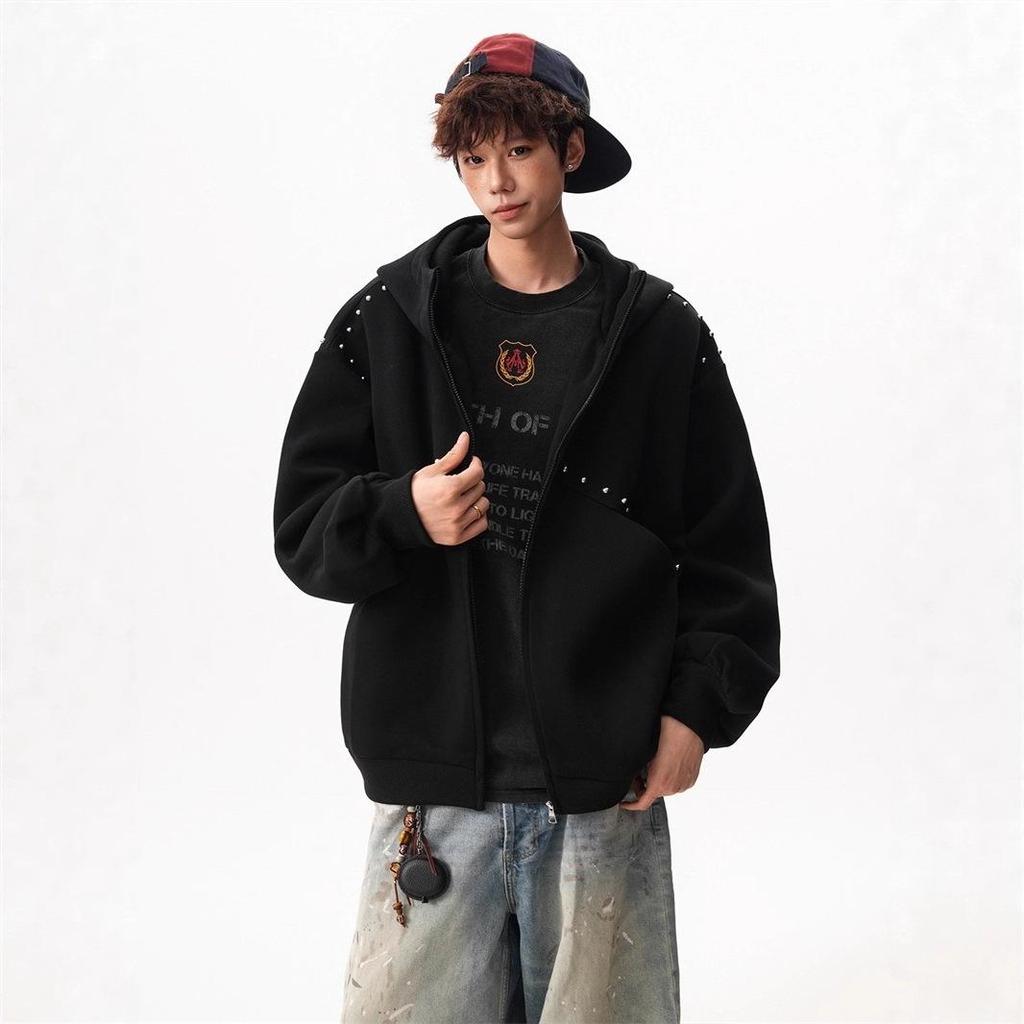 Unisex Velvet-Lined Retro Street Style Rivet Hooded Cardigan