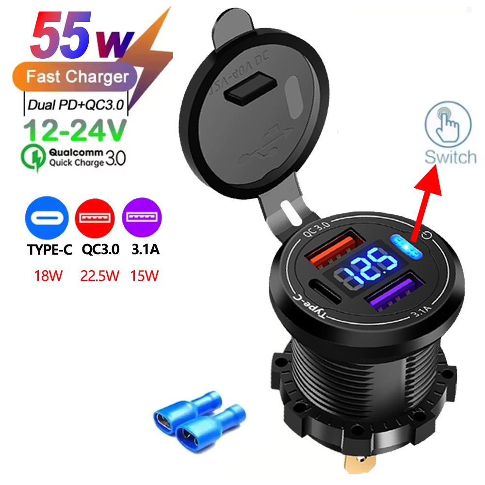 PD+QC3.0 Fast Charging USB Car Charger Socket with Voltmeter, Aluminum Alloy Waterproof Power Outlet