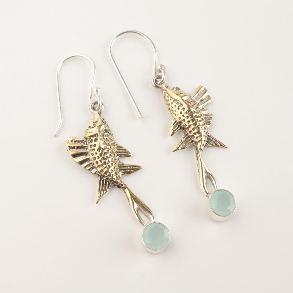 Natural Aqua Chalcedony Gemstone 925Sterling Silver Handmade Drop Earrings 2.17" EE-148-3