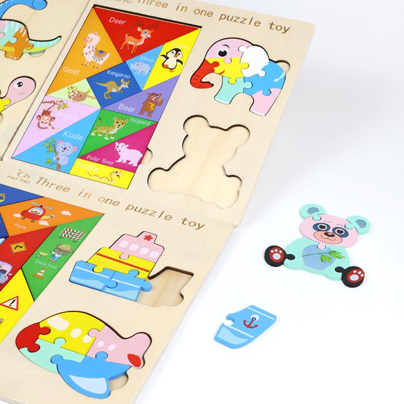 3 In 1 Wooden Tangram Jigsaw Puzzle Toy Educational Creative Geometric Shape Color Cognition Wood Building Blocks Gifts for Kids
