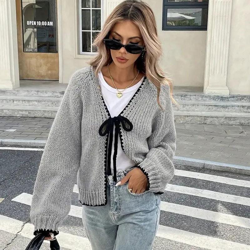 Women s V Neck Long Sleeve Bow Tie Knit Cardigan Loose Fit Casual Sweater Coat S серый