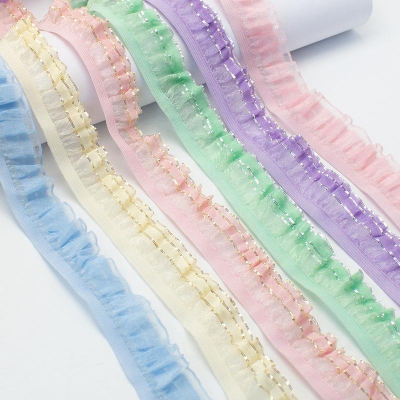 5Meters 25mm Wide Double-layer Fungus Chiffon Elastic Silver Gold Silk Lace for Children's Clothing Hanfu Accessories Snow Gauze Lace