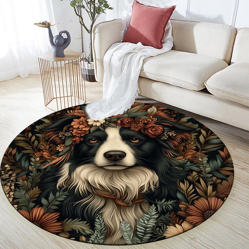 Tappeto rotondo con motivo Border Collie e Piante, Tappeto per Soggiorno Camera da Letto Sala Giochi, Tappetino Antiscivolo, Regali per le Feste e Regali di Compleanno.