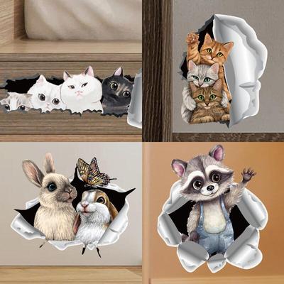 3D 3D Broken Wall Cartoon Cat Rabbit Raccoon Sticker Broken Wall Corner Decorative Wall Sticker