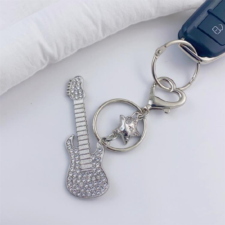 Guitar Pendant Keychain with Shimmering Stones Metal Keyring Sweet Cool Girls Key Chain Lightweight Jewelry for Bag