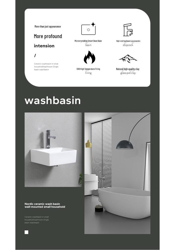 Compact Wall-Mounted Ceramic Washbasin, White, for Bathroom/Balcony