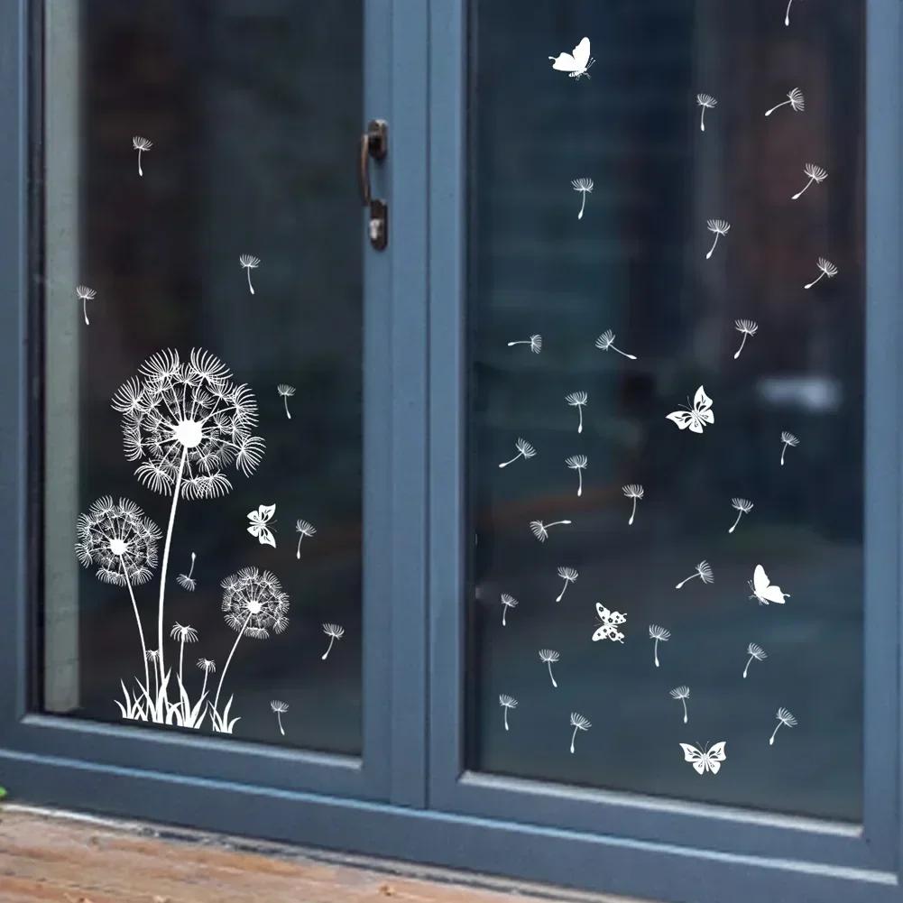 Christmas Home Decor Wallpaper White Dandelion Butterfly Electrostatic Wall Sticker Glass Window Double Sided Pattern Decals