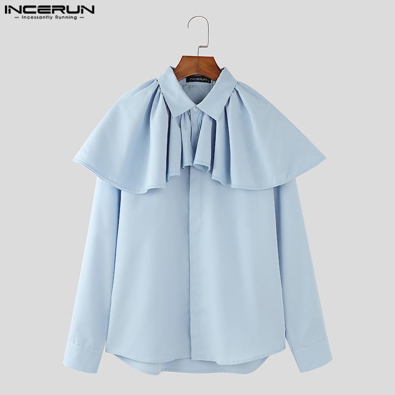 INCERUN Camisas casuales elegantes con botones y capas con volantes y cuello de solapa para hombre