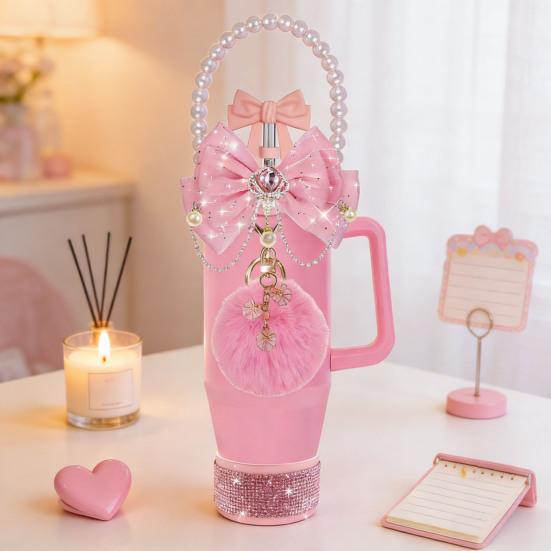 1 Set Tassenmanschette Funkelnde Strasssteine Imitierte Perlen Schleifen-Dekor Tassenzubehör mit Silikon-Bodenprotektor