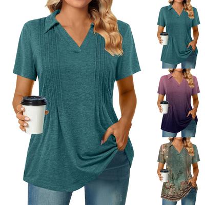 Camiseta feminina manga curta tops elegante camisa casual primavera verão outfit fluido frente plissada gola redonda verão tops