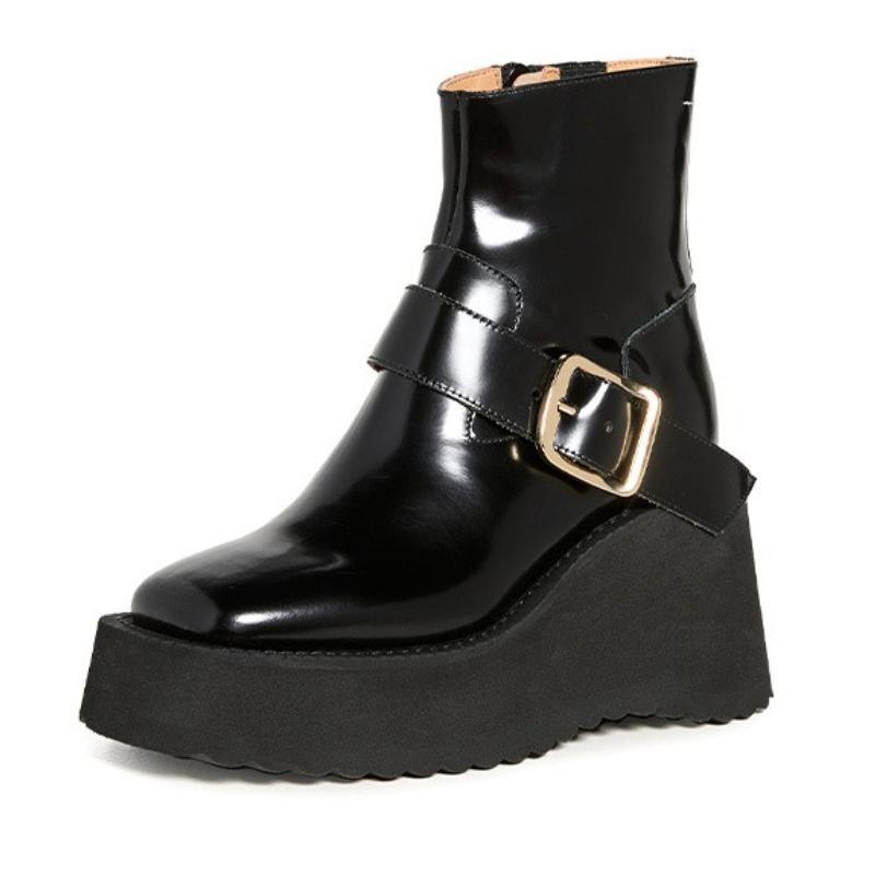 

Модные женские ботильоны из черной лакированной кожи на массивном каблуке с модной металлической пряжкой, прошивкой, боковой молнией, удобные водонепроницаемые ботильоны на платформе 39 чёрный