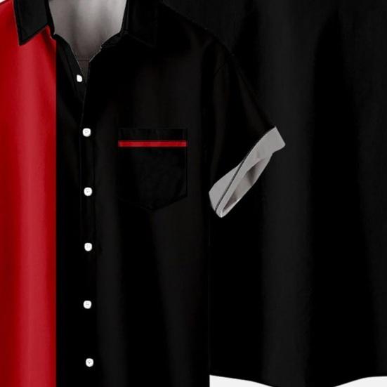Men Casual Shirt Lapel Short Sleeve Single Breasted Shirt Loose Fit Hawaiian Style Button-Up Bowling Shirt