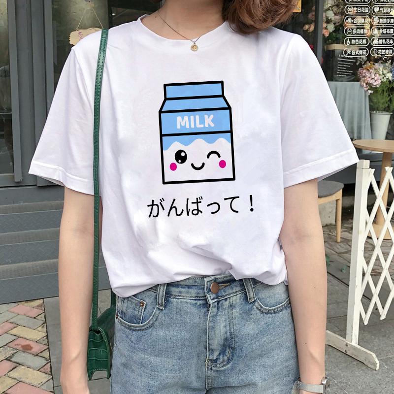 Kawaii Women T-Shirt Cartoon Milk Print Funny Top Female T Shirt Ulzzang Harajuku Aesthetic Casual O-Neck Ladies Tee Clothing
