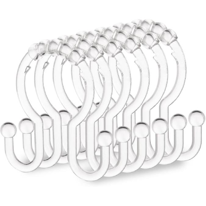 Shower Curtain Hooks, 12 Pcs Clear Shower Curtain Rings, Plastic Glide Roller Shower Hooks, Rust Proof Anti-Drop Shower Rings, Smooth Sliding Double