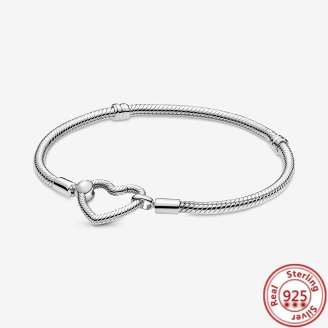 Authentic 925 Sterling Silver Flower Heart T-Bar Basic Snake Chain Bracelets Fit Original Brand Charms Beads DIY Jewelry Women