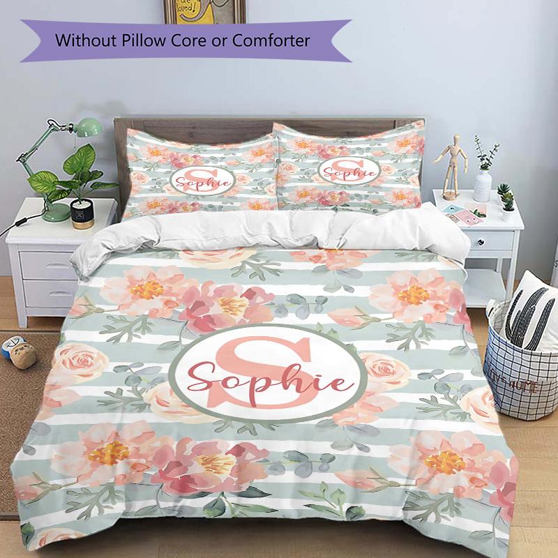 3pcs Floral Stripe Notebook Cover Quilt Set, Soft and Comfortable Bedroom 135x200cm