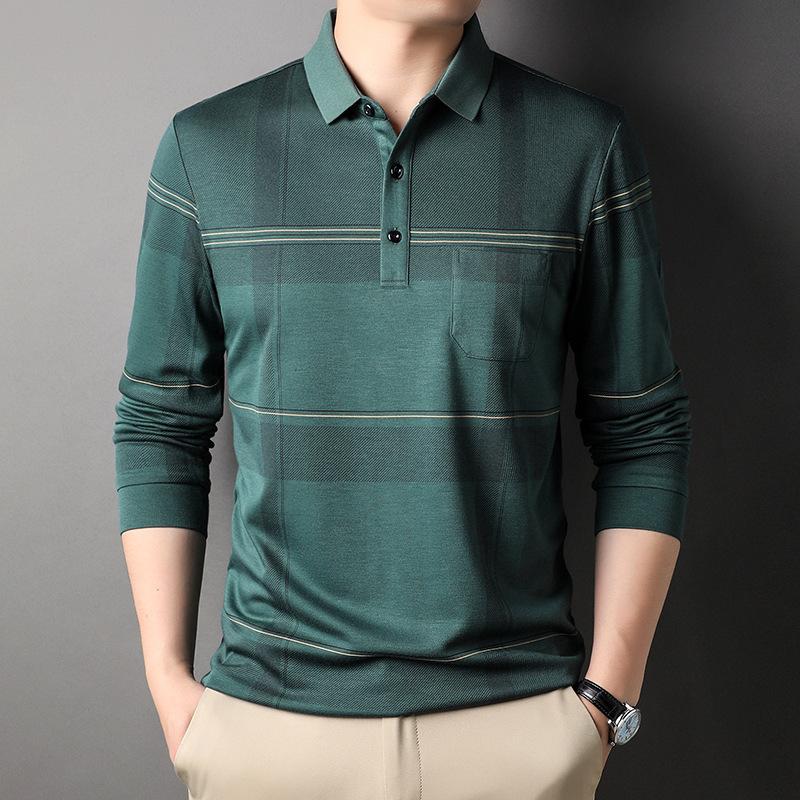 Fall Winter Men Long-Sleeved T-shirt Fashion Casual Polo Collar Striped Polo Shirt Daddy Men's Outfit Bottoming Shirt Top T-shirt Men