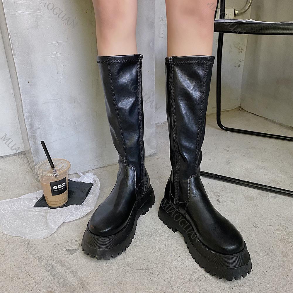 Fashion 2025 Autumn Chunky Platform Heels Short/Long Boots Round Toe Zipper Thick Sole Ladies Fashion Black Women's Knee High Botas
