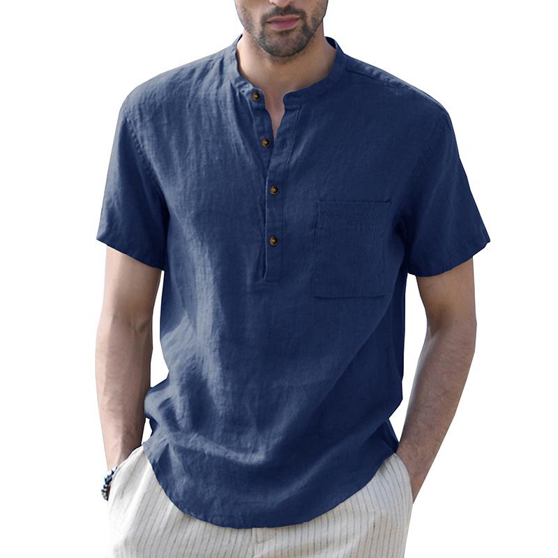 Men's Cross-Border Henley Shirt: European & American Style Cotton Linen Short-Sleeved Solid Color Pocket Shirt