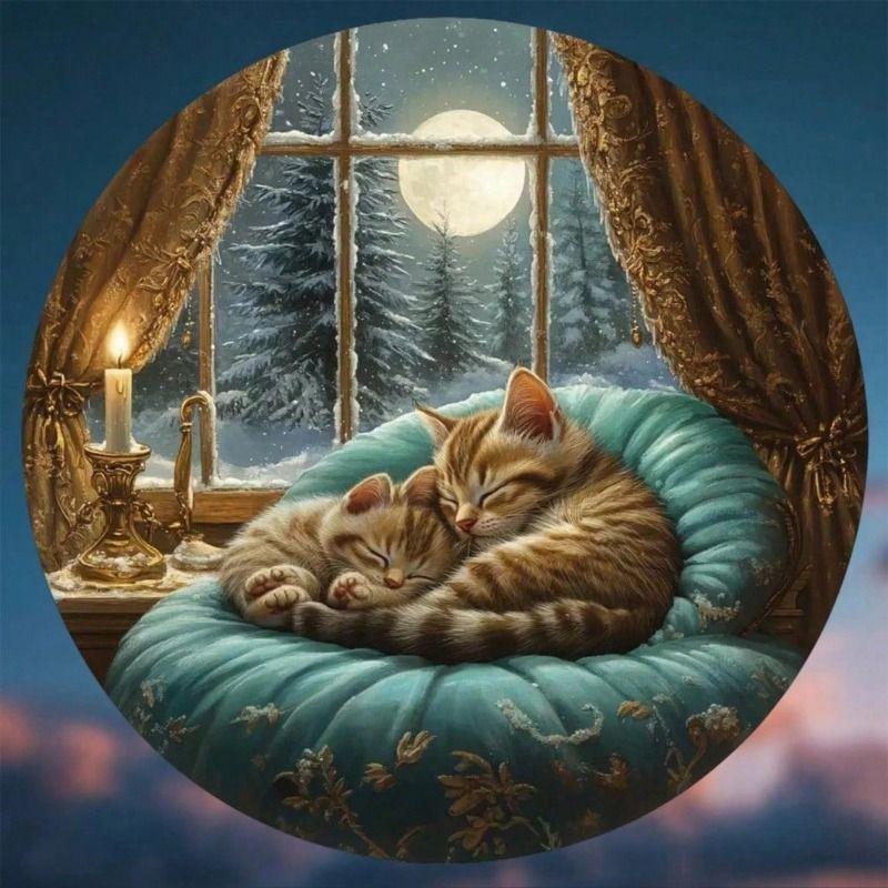 Metal Wall Art Cat Winter Landscape Round Poster for Living Room