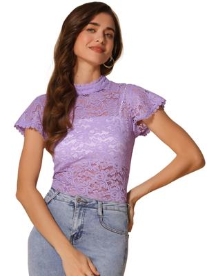 Allegra K Sheer Lace Blouse with Collar and Short Office Light Size XL Stand-Up Sleeves, Top, Slimming, Elegant, Gorgeous, Women's, Purple,