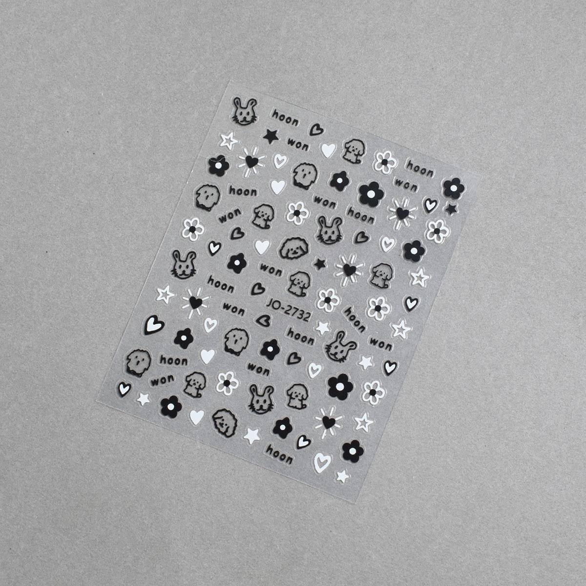 Cartoon Cute Puppy & Floral Nail Art Stickers - Black & White, Stars, Hearts, Bows