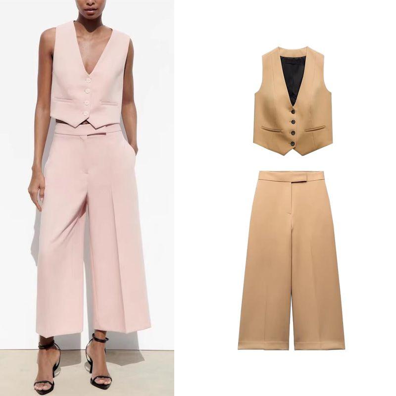 Spring New Fashion Commuter Sleeveless V Neck Short Vest 2966888 High Waist Loose Pants 2955888
