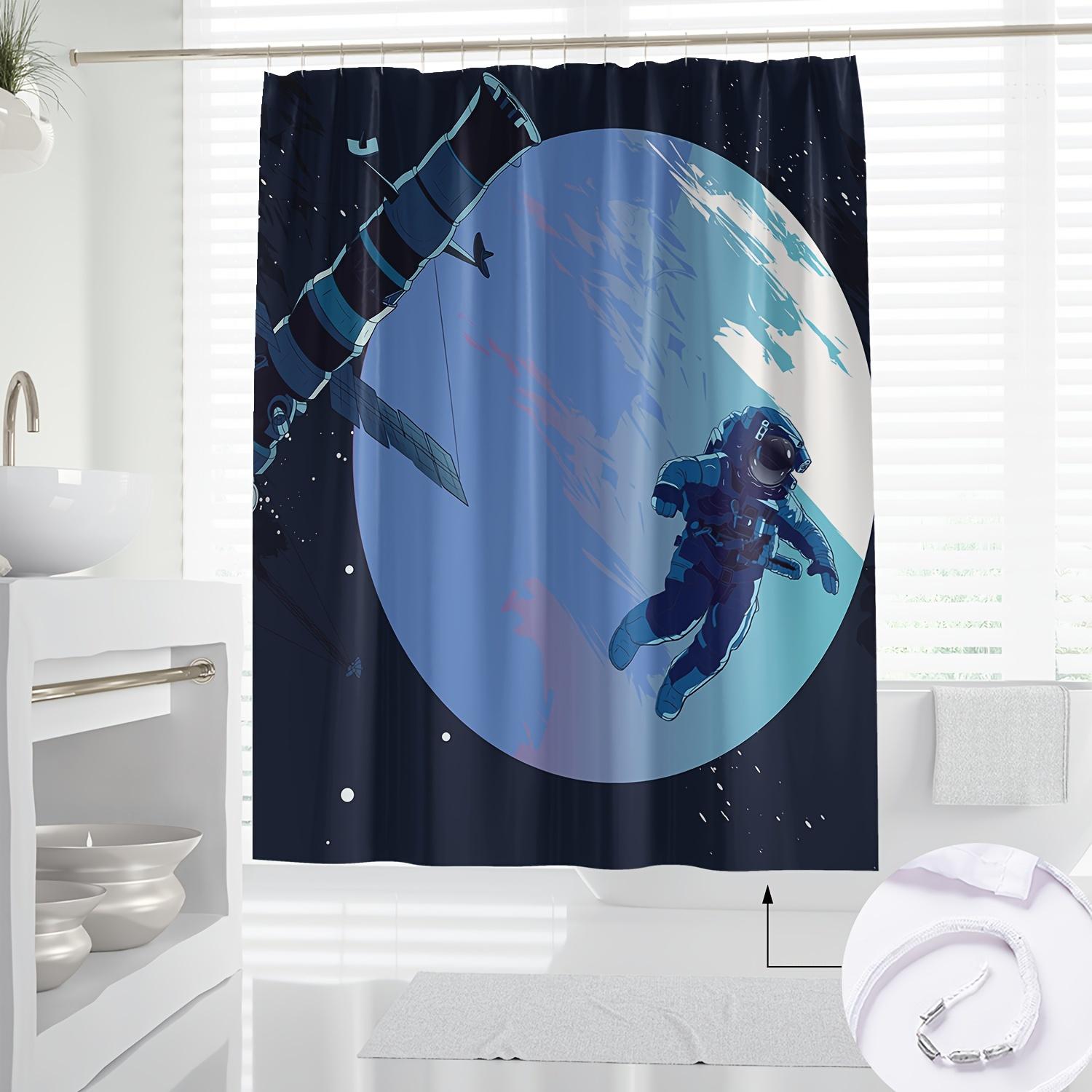 1pc Modern Art Digital Print Shower Curtain - Space Exploration Theme with Astronaut & Cosmic Scene, Polyester Fabric, Machine 90x180cm35x71in