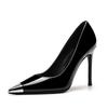 Fashion Stylish and Versatile French Shallow Temperament Commuter Pointed Toe Fine Heel Patent Leather Metal Toe Single Shoes