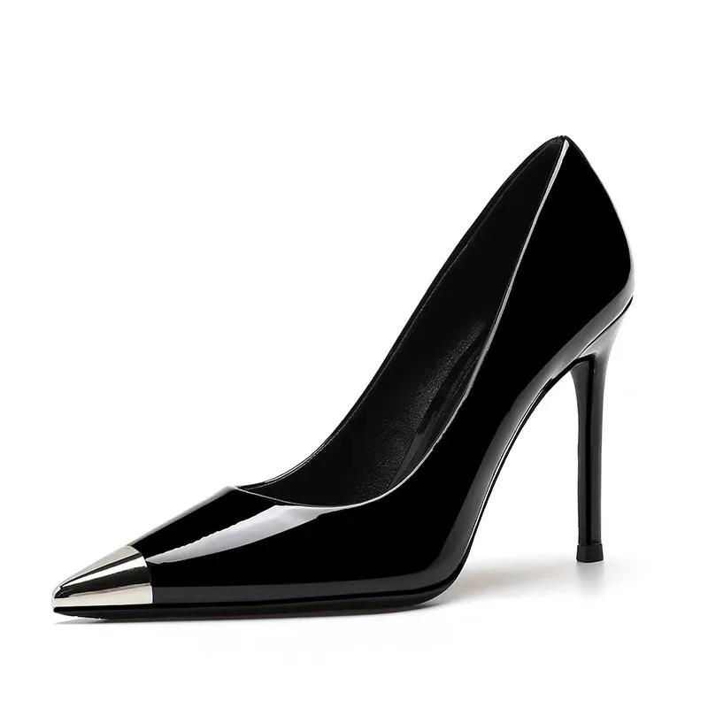 Fashion Stylish and Versatile French Shallow Temperament Commuter Pointed Toe Fine Heel Patent Leather Metal Toe Single Shoes