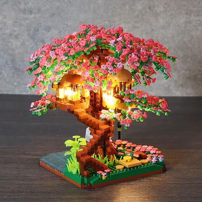 Sakura Tree Micro Blocks with LED Lights - Cherry Blossom Treehouse Model 3D Romantic Night Glow Decor Thoughtful Gift for Her