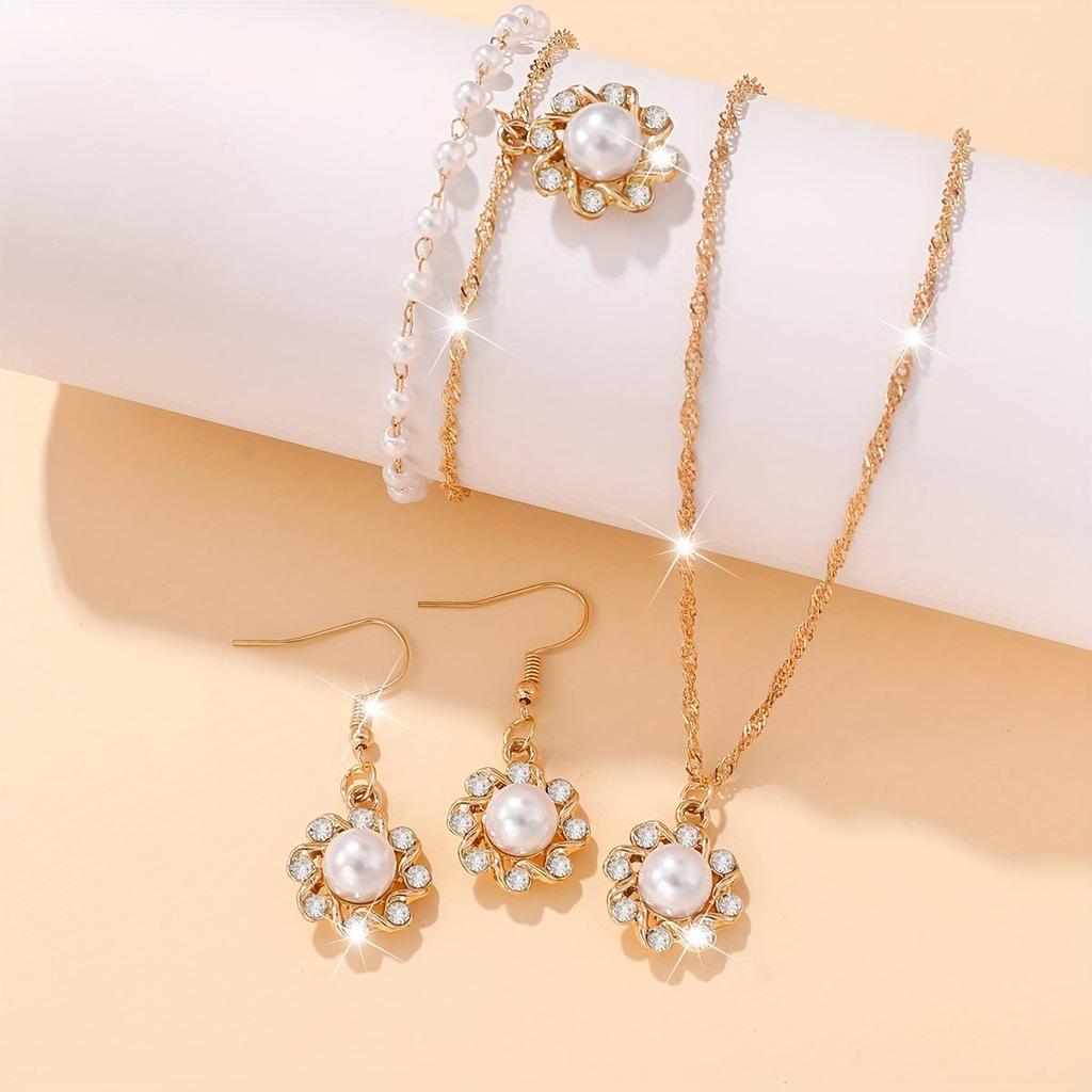 Retro Pearl & Zirconia Flower Jewelry Set: Necklace, Bracelet, Earrings for Women