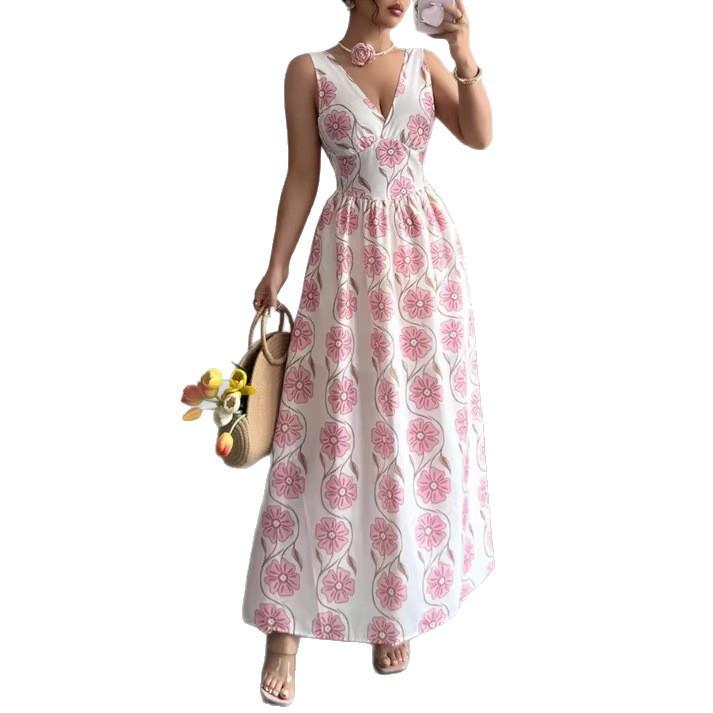 2026 European and American women s clothing explosive pink flower sleeveless dress S