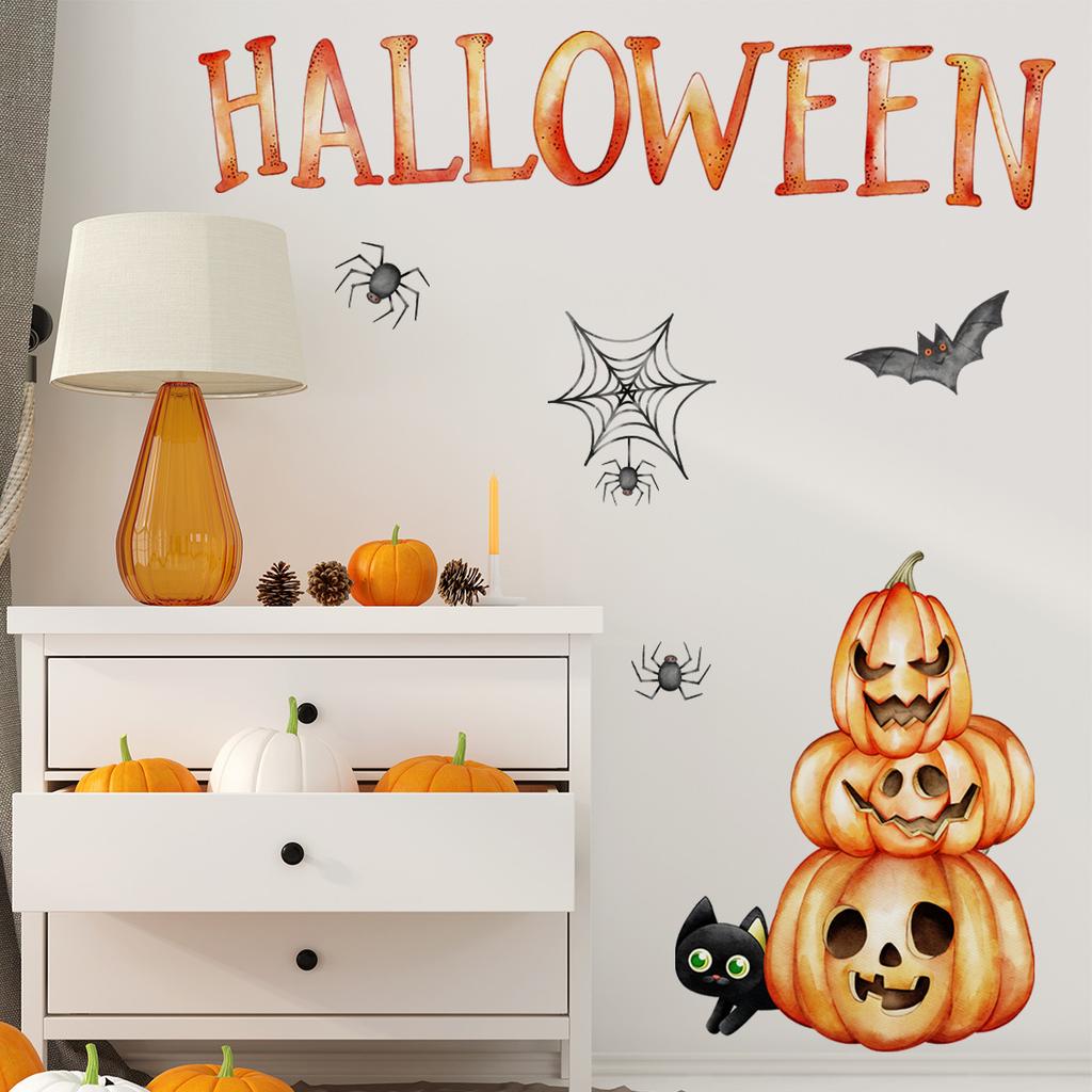 M20042 Hand-Painted Pumpkin Spider Web Bat Black Cat Wall Sticker Halloween Decoration Living Room Bedroom Background Self-Adhesive