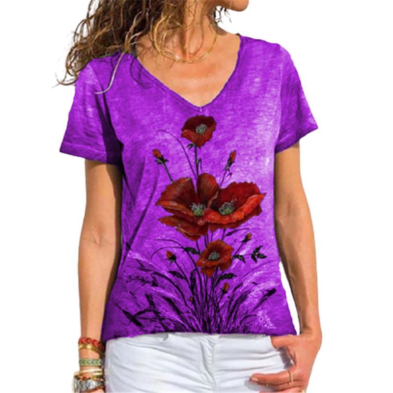 Summer Women's V-neck Floral 3D Printed Women's Short Sleeved T-shirt