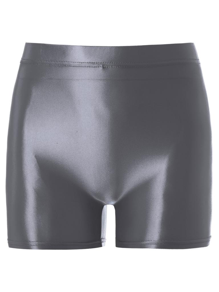 Womens Shiny Mid Waist Elastic Waist Shorts Swimwear Yoga Sportswear