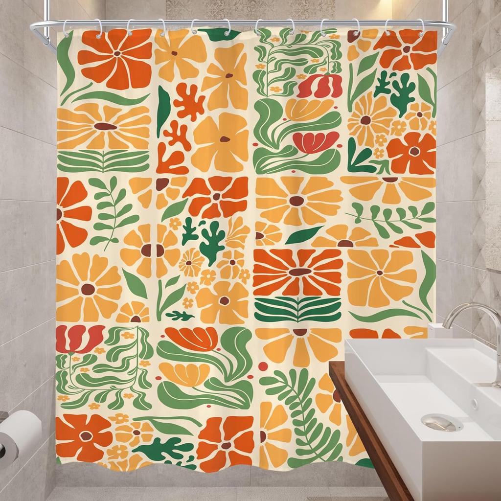 Colorful Floral Shower Curtain Vintage Inspired Design Orange Yellow Green Leaves Pattern Bathroom Decoration Trendy Boho