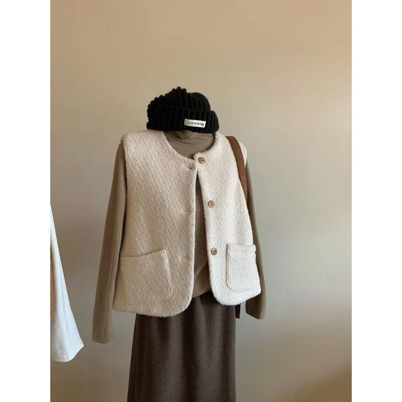 

Нове Осінньо-Зимове Жіноче Коротке Пальто Корейського Стилю Без Рукавів Жилет з Кишенями Верхній Вовняний S абрикосовий