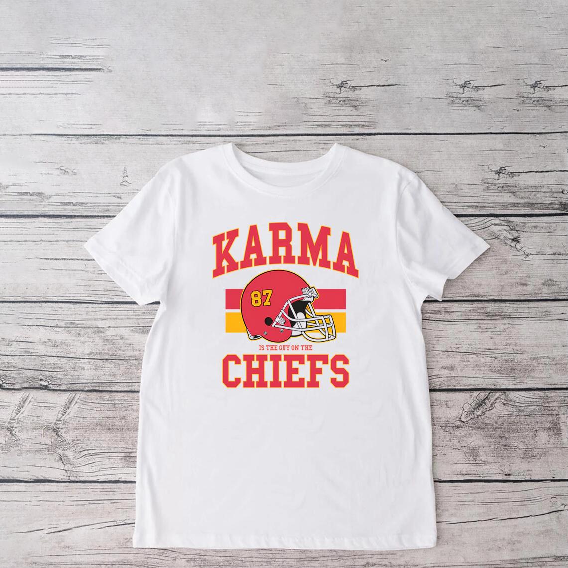 

New Karma Is The Guy On The Chiefs Cute Eras Tour 2024 Merch T Shirt Travis Kelce Taylor Chiefs Era Karma Taylor Travis Shirt 4XL