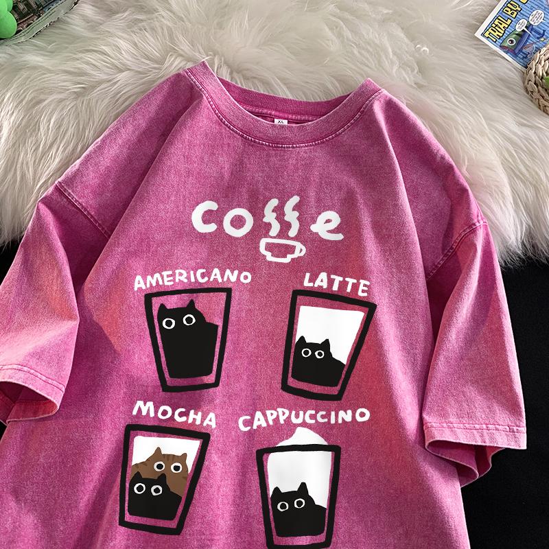 American Retro Trendy Cat Cotton T-shirt Men Women Summer Loose Couple Short Sleeve Tops Vintage Water Washing Tee