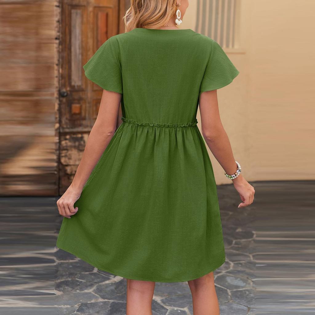 Women's Fashion Solid Color Casual Bohemian Vacation V Neck Short Sleeved Ruffle Edge Dress